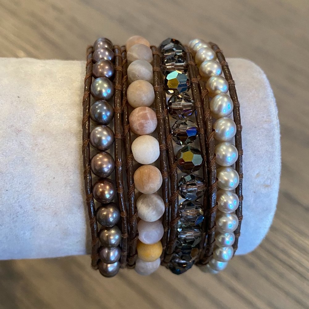 New Authentic Chan Luu Taupe Pearl Mix Four Strand Cuff Pull Tie Bracelet